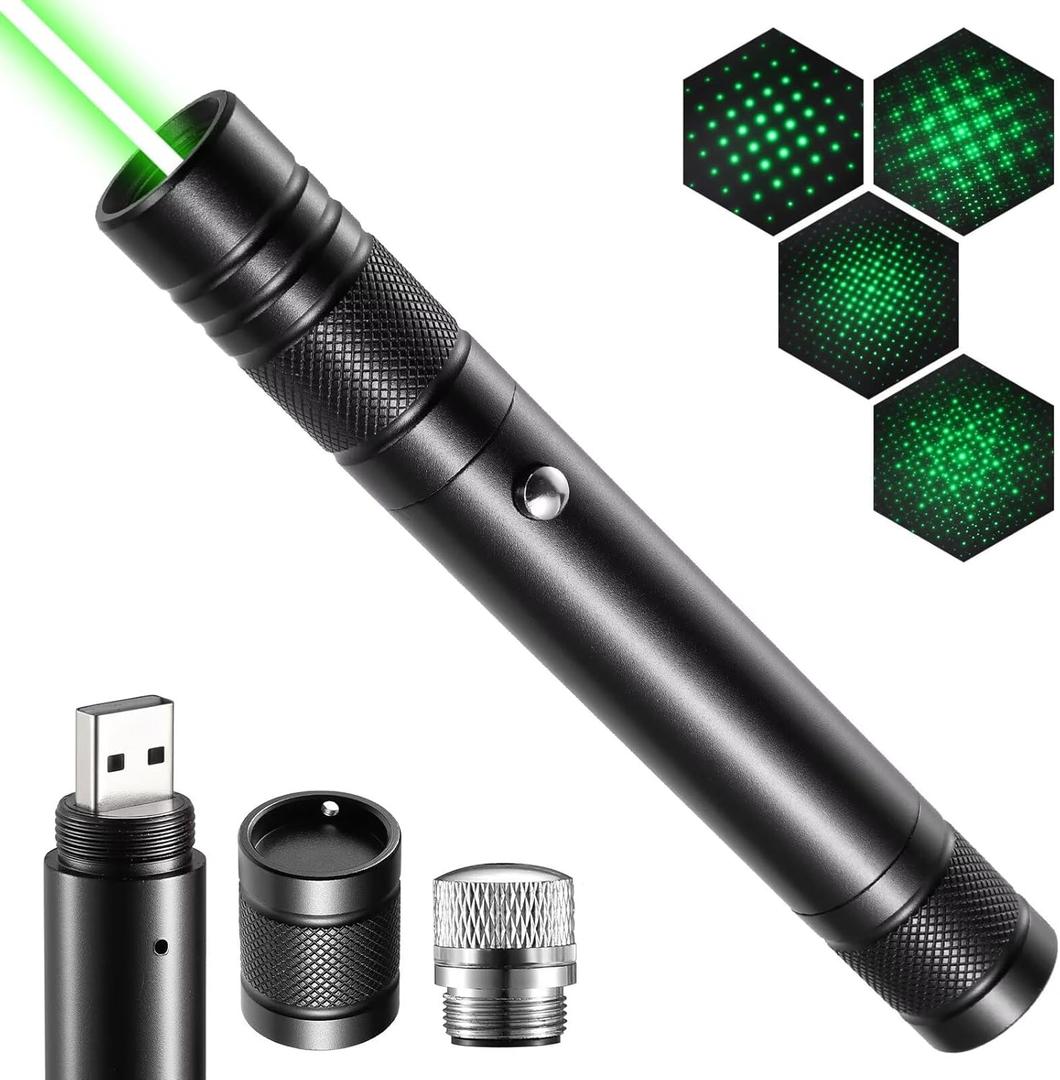 Green Laser Pointer High Power Rechargeable Lazer Pointer, Laser Pen with Long Range Adjustable Focus with Star Cap, Laser Pointer Pen Suitable for Outdoor, Astronomy, Cats Dogs (Green)