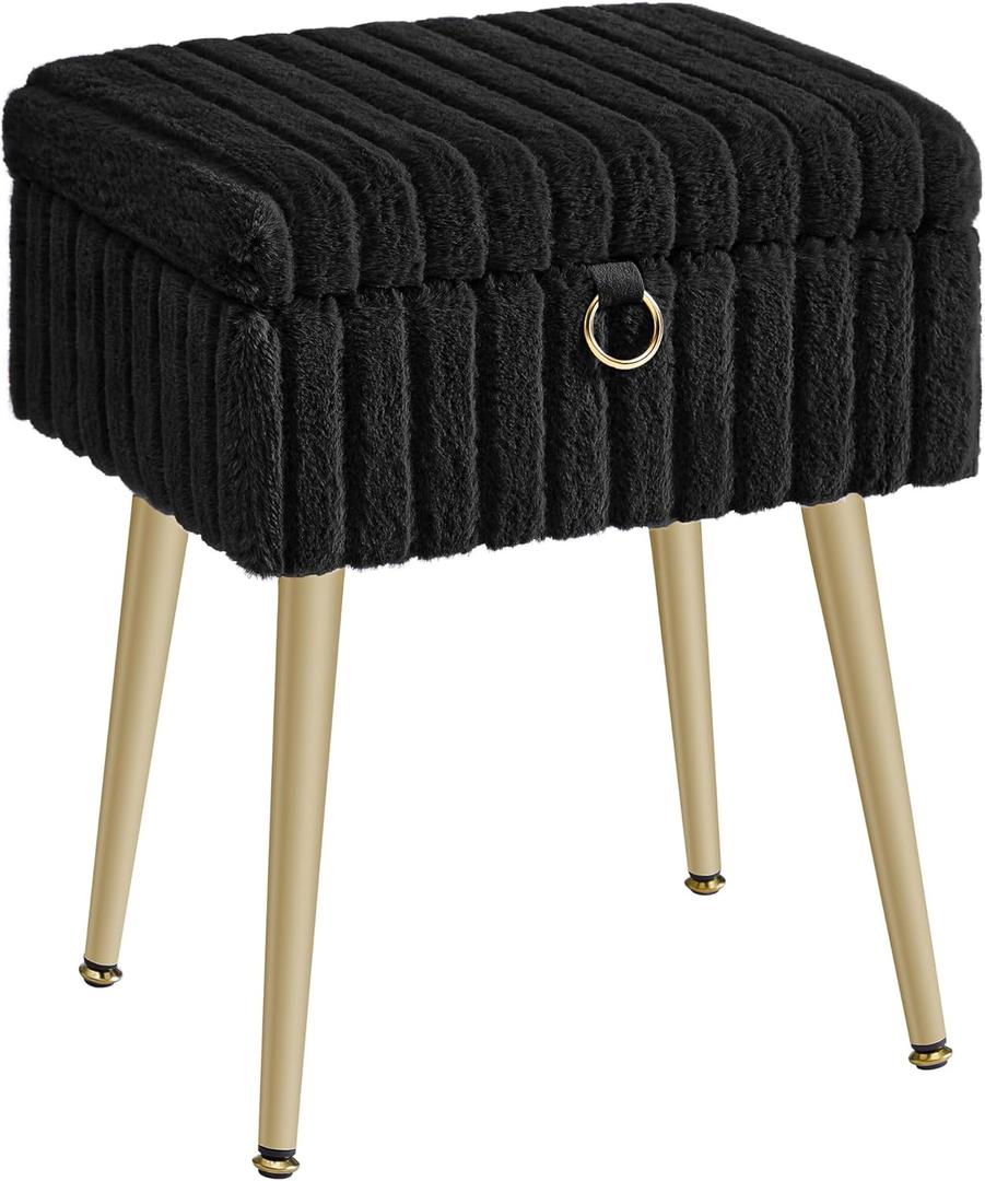 SONGMICS Vanity Stool Chair with Storage, Makeup Stool, Footrest Footstool Ottoman, Metal Legs, Adjustable Feet, for Living Room, Bedroom, Makeup Room, Ink Black ULOM505BZ02