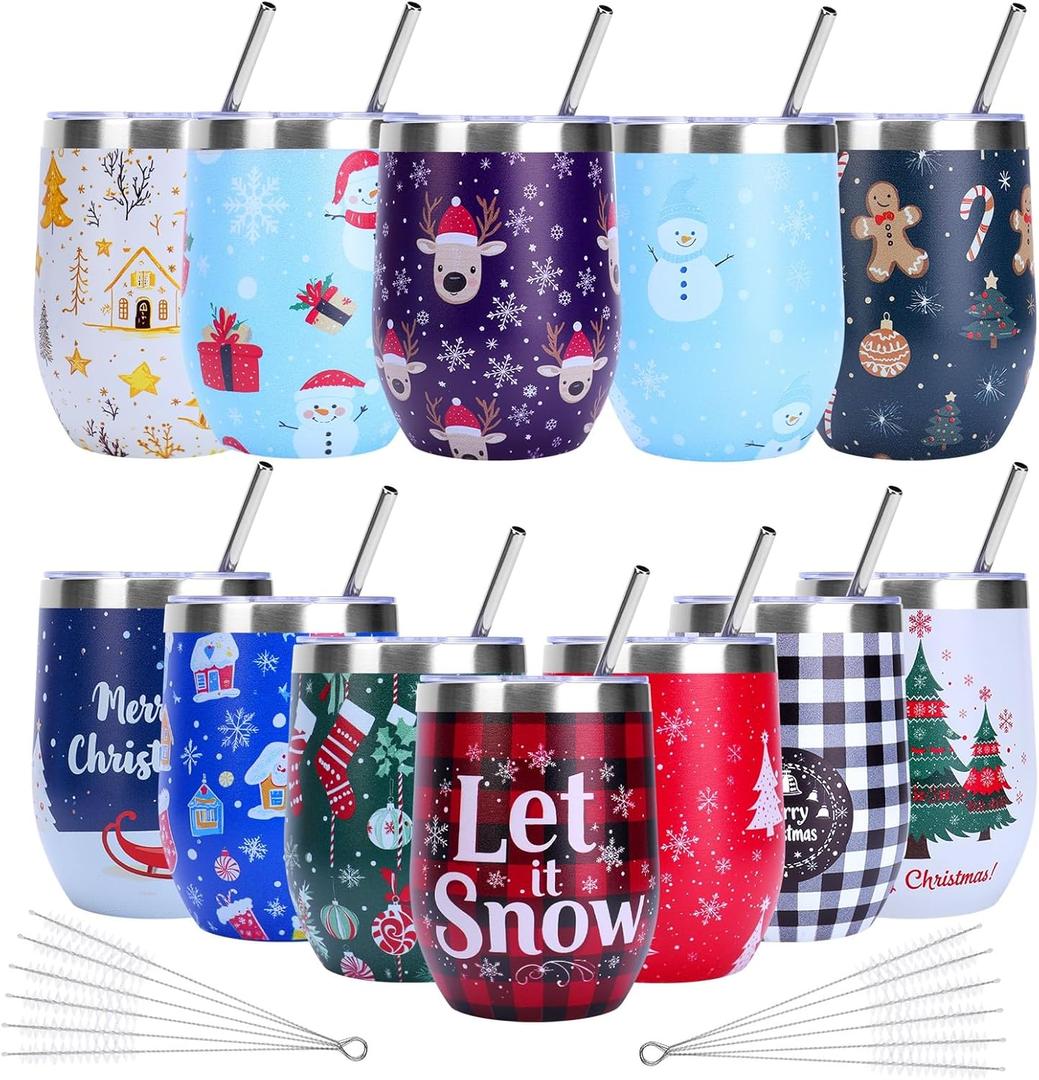 Eforcase 12PCS Christmas Wine Tumbler 12 oz Funny Stainless Steel Wine Glass Coffee Tumbler Bulk Travel Cup Mug with Straw and Brush Coffee Mug for Xmas Party Favor Holiday