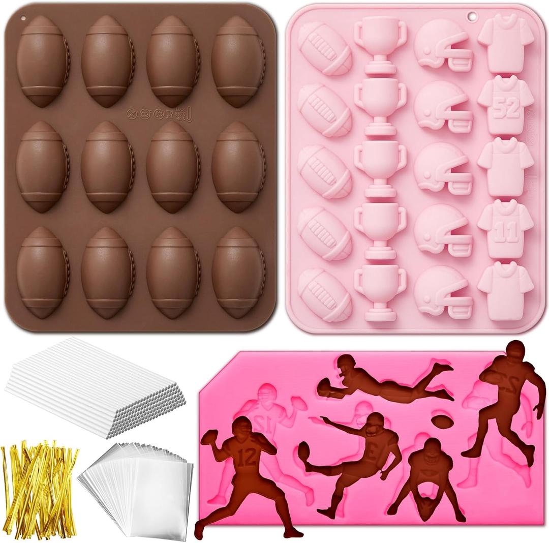 3 Pcs Football Silicone Mold Football Chocolate Candy Cake Pop Mold with Sticks Treat Bag Chocolate, Candy, Cake Pan for Home Party Baking