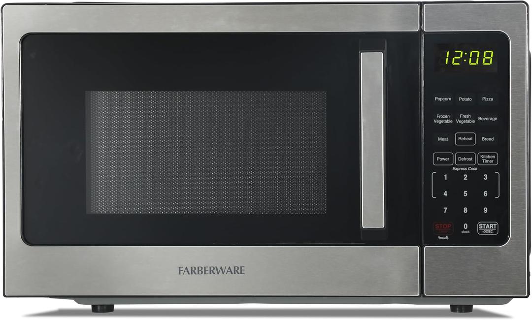 Farberware 0.9 Cu. Ft. Countertop Microwave Oven 900 Watts Power, Auto Cook Settings, Defrost, Easy Clean and Child Safety Lock - Stainless Steel