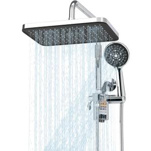 Filtered Shower Head with Handheld Spray Combo,12 inch High Pressure Rainfall Shower Head with Adjustable Slide Bar,Dual Rainfall Showerhead,Bathroom Accessories,Black (Chrome)