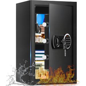 3.3 Cuft Large Home Safes Water and Fireproof with Digital Keypad & Key Lock, Security Safes for Home with DIY Removable Shelf, Anti-Pry Safe Box for Money Documents Jewelry, 19.69"H x13.78"W x 12.2"D