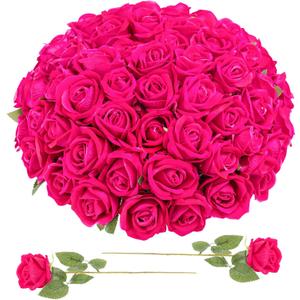 90 Pcs Hot Pink Velvet Rose Artificial Flowers with Long Stems, Fake Silk Roses Real Touch Fake Roses Florals for Birthday Wedding Bouquet Party Arrangement Decorations