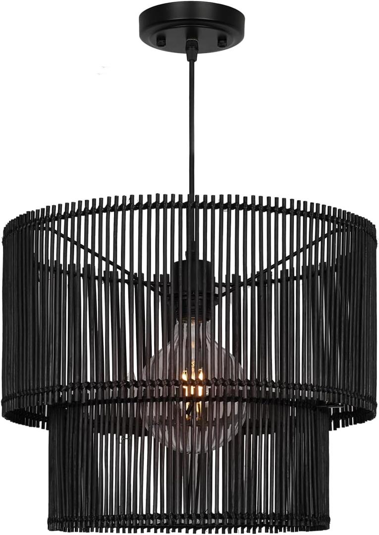 Woven Rattan Pendant Lamp, 16 Inch Large Natural Simple Hand Weaved Coastal Beach Black Rope Hanging Pendant Light Fixture for Dining Room Living Room Bedroom Kitchen Foyer, 6528L