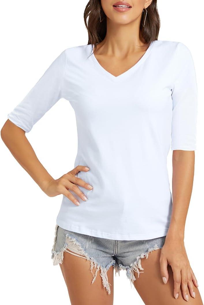 Women's Basic Half Sleeve V Neck T-Shirt Casual Solid Slim Cotton Top (X-Large) 241-White