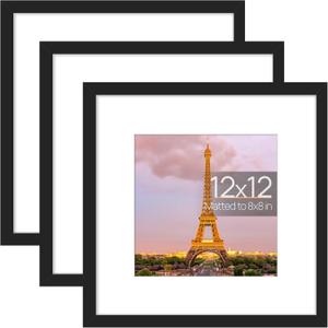upsimples 12x12 Picture Frame Made of High Definition Glass, Display Pictures 8x8 with Mat or 12x12 Without Mat, Gallery Wall Frame Set, Black
