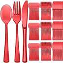 Minatee 150 Pieces Disposable Cutlery Set Plastic Silverware Heavy Duty Utensil Sets 50 Forks 50 Knives 50 Spoons for Home Office School Party Picnics Restaurant Outdoor Events(Red)
