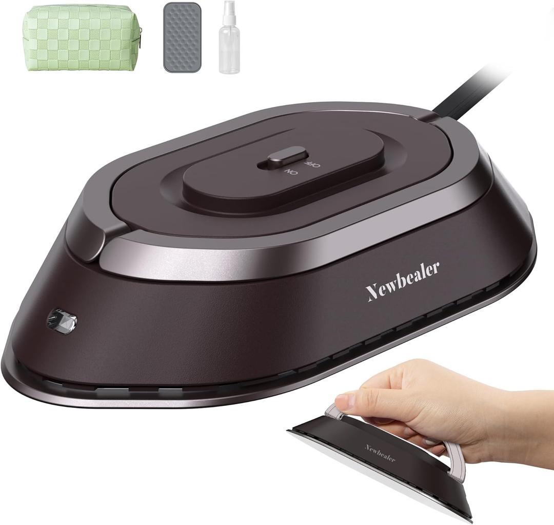 Newbealer Travel Iron with Global Voltage, 100-240V Mini Dry Iron for Clothes (No Steam), Max 300W, 60s Heat Up, 302 Non-Stick Ceramic Soleplate, 0.8lbs Ultra-Lightweight (Brown)