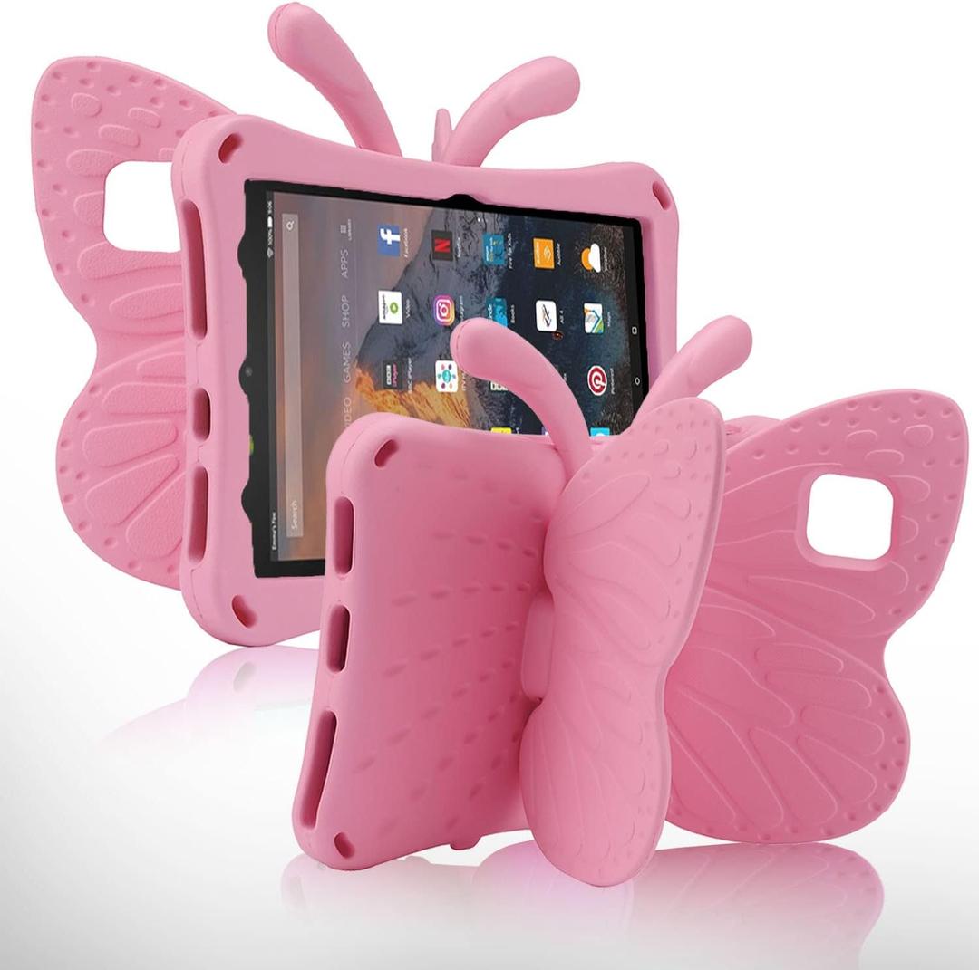 Fire HD 8 Tablet 10th Gen 2020 HD 8 Plus 2022 Case Cute Butterfly Case with Stand for Kids Light EVA Rugged Shockproof Heavy Duty Kids Friendly Full Cover for New Fire HD 8 8Plus (Pink)