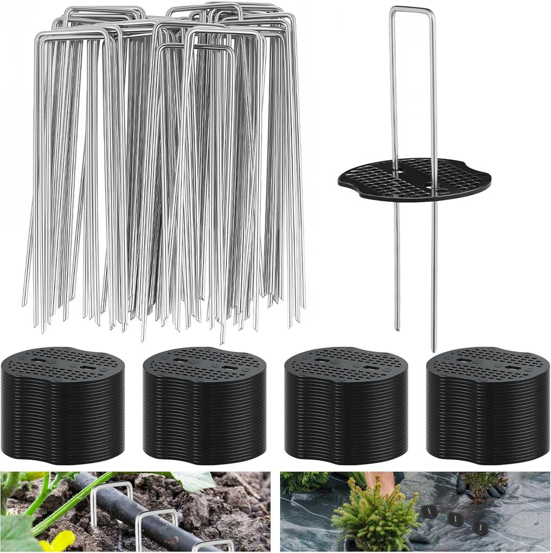 200 Packs Garden Stakes Staples 6 inch Landscape Fabric Pins Lawn 100Pcs U Shaped Galvanized Staples Ground Stakes Landscaping Pins with 100Pcs Gasket for Weed Barrier Plant Cover Decorations
