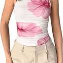 Milumia Women's Mock Neck Floral Mesh Top Y2k Sleeveless Ruched Tank Tops Going Out (Light Pink Flower)