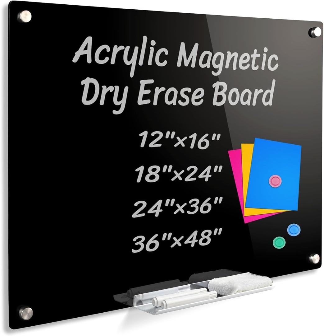 Acrylic Black Magnetic Dry Erase Board for Wall, White Board 18x24,Frameless Magnetic Dry Erase Board for Office,Classroom and Home/for Kids,Students,Adults