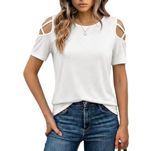 Jar of Love Women's Short Sleeve Cold Shoudler Tops T-Shirts for Women Spring Summer Tops Loose Fit Tunic 2026 (Large)