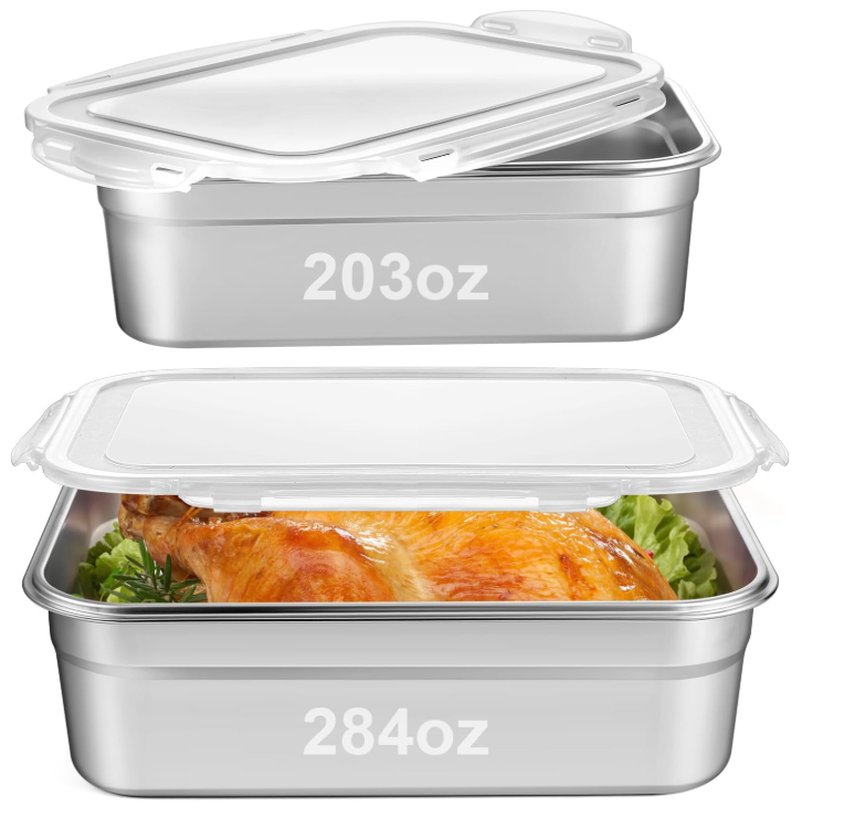 2 Pcs Large Stainless Steel Marinating Containers with Lids, Food Storage Containers for Refrigerator, Leak-proof & Stackable for Meal Prep, Meat(284oz/8.4l + 203oz/6l,No Handle)