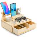 Yopay Wooden Phone Docking Stations for Men, Bed Side Table Organizer with Drawer Christmas Gifts for Men Women Husband Son Boyfriend Him for Tablet, Cellphone, Watch, Headphone