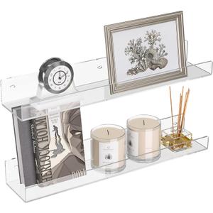 18'' Clear Acrylic Bookshelf 2 Pack, Acrylic Floating Book Shelves, Wall Mounting Invisible Ledge Book Shelf