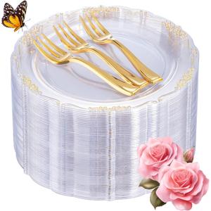 LIYH 200 Pcs Clear Gold Plastic Dessert Plates 7.5"and Cake Forks 5" - Clear Small Cake Plastic Plates and Gold Forks for Parties Wedding Birthday (200Pcs(100 Guests)
