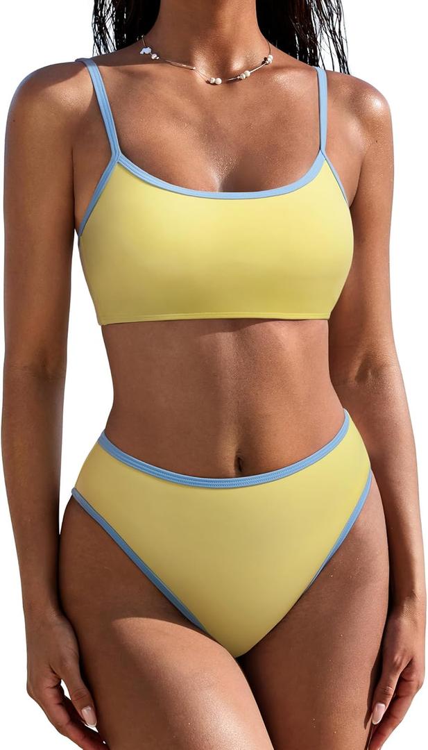 SUUKSESS Women High Waisted 2 Piece Bikini Set Cheeky High Cut Bandeau Swimsuit (Medium, 61 Yellow Sky Blue)
