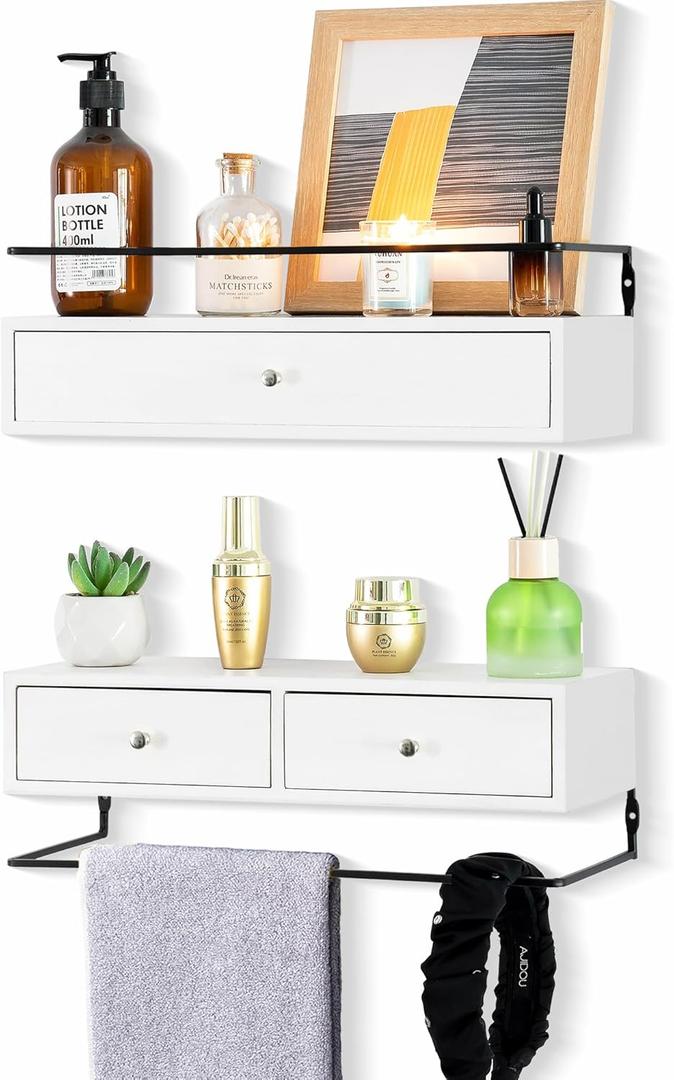 Floating Shelves for Wall Storage - Wall Mounted Bathroom Shelf Set of 2 with Drawers, Rustic Wood Shelves for Bedroom, Living Room, Kitchen, Home Decor, Plants, Books (15.8 Inch Long, White&black)