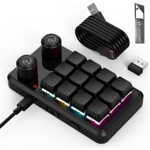 Macro Pad Macro Keyboard Programmable Keypad Customized 12-Key Mini Mechanical Gaming Keyboard One Handed Keyboard RGB OSU Micro Keyboard Macropad Knob Wireless Receiver&Type C 1m Cable(Black)
