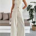 SOLY HUX Women's 2 Piece Summer Outfit Button Down Peplum Cami Top and Wide Leg Pants Set (Beige, L)