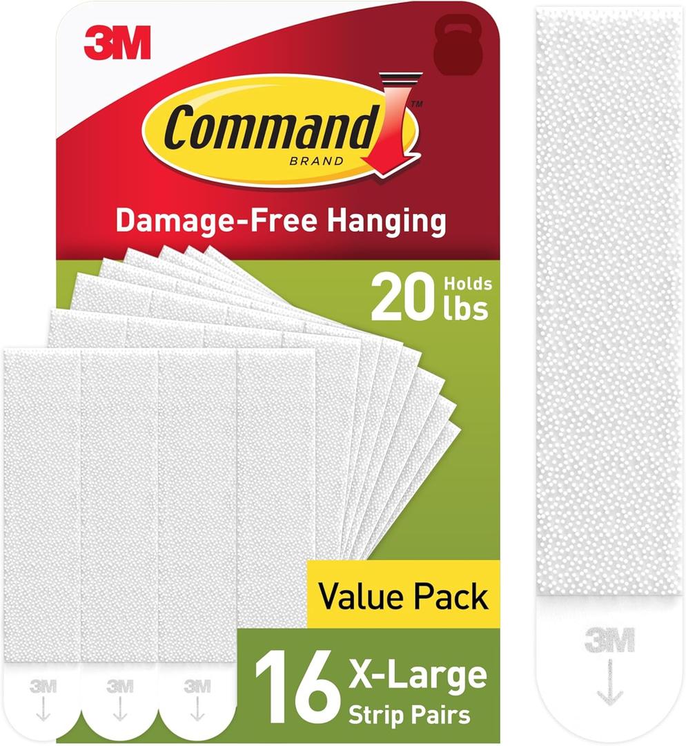 Command 20 lb XL Heavyweight Picture Hanging Strips 16 Pairs (32 Command Strips), Damage-Free Hanging Picture Hangers, Heavy Duty Wall Hanging Strips for Home Decor, White Adhesive Strips Command 20 lb XL Heavyweight Picture Hanging Strips 16 Pairs (32 Command Strips), Damage-Free Hanging Picture Hangers, Heavy Duty Wall Hanging Strips for Home Decor, White Adhesive Strips