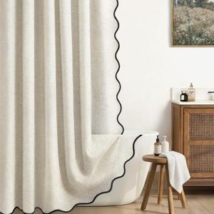 Linen Shower Curtain Flax Cream Cute Black Scalloped Boho Modern Shower Curtains for Bathroom Set, 72" W x 78" L