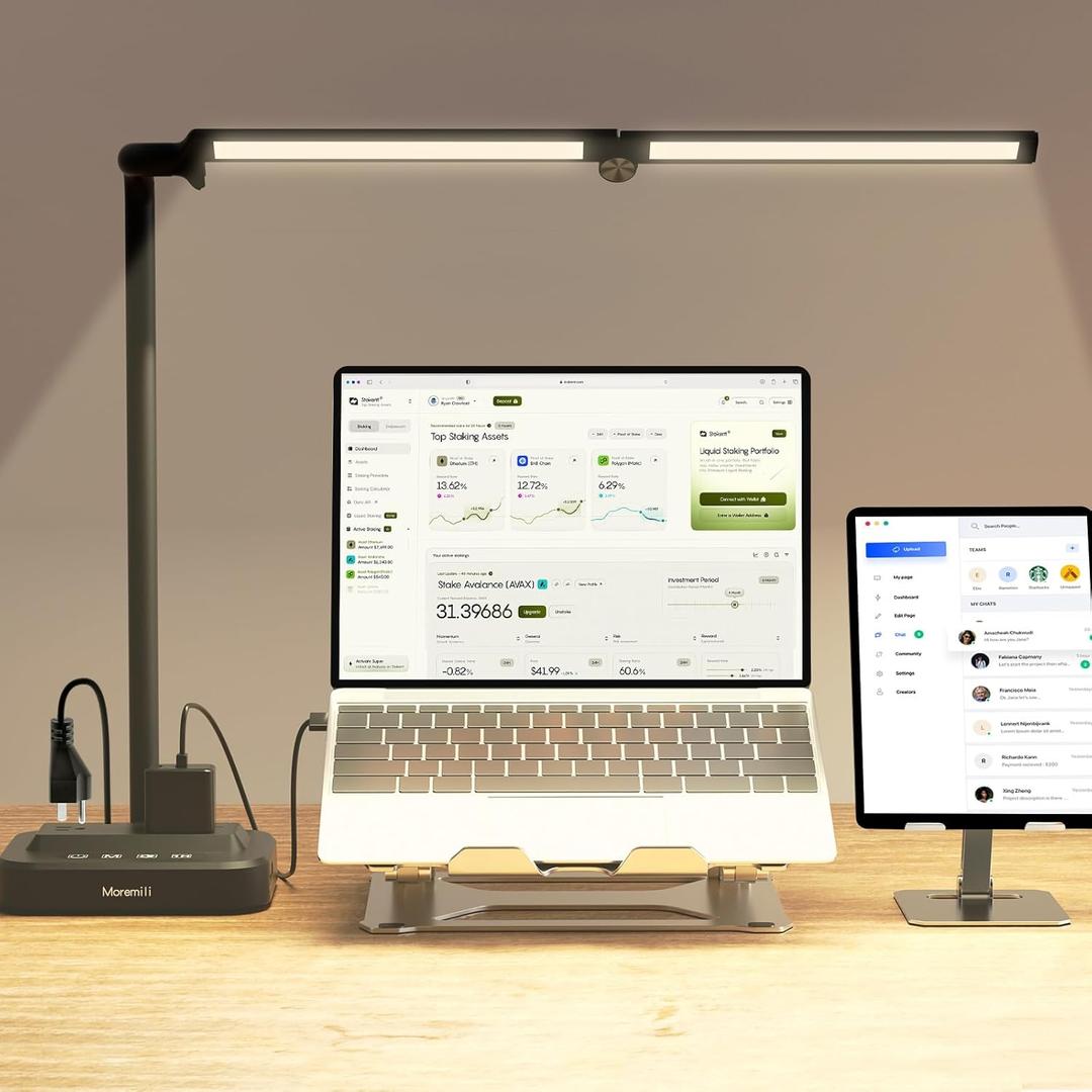 Adjustable LED Desk Lamp for Home Office | Integrated Power Hub with 2 Wide-Spaced AC Outlets, USB-C & USB-A Charging Ports | Anti-Glare Light, Foldable Design & Surge Protection