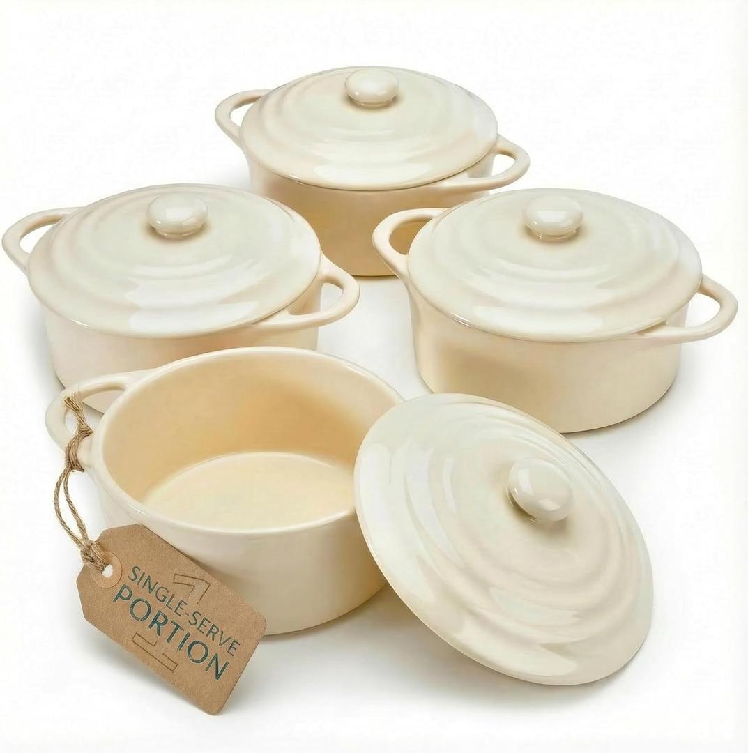 Kook Ceramic Mini Cocotte Set, Small Casserole Dishes with Lids and Handles, Individual Baking Ramekins, Oven, Microwave & Dishwasher Safe, Stoneware, 12 oz, Set of 4, Ivory