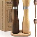 WARMKEY Premium Beech Wood Salt and Pepper Grinder Set 5PC, 9" Manual Mills with Tray & Spoons, Adjustable Ceramic Core, Refillable, NonSlip Base  Kitchen Counter Decor