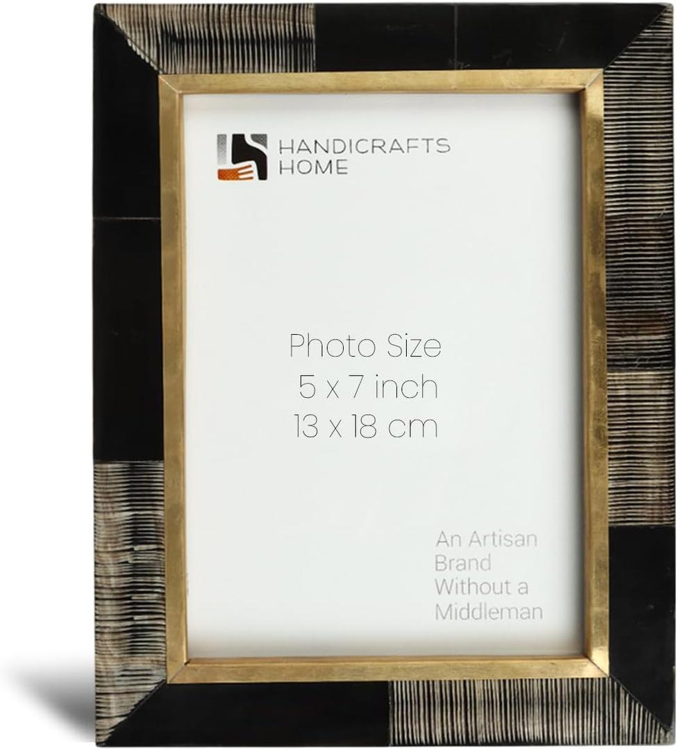 Handicrafts Home Horn Inlay Shagrin Picture Frame Black Brown Engraved Art Carved Picture Frame for Portaretratos, Vintage Farmhouse Photo Frame for Family Pictures, Brown - 5x7