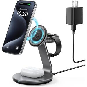 3 in 1 Charging Station Compatible with Magsafe Charger Wireless Charger Stand for iPhone 16 15 14 13 12 Series Wireless Charging Station for AirPods Wireless Charging Stand for iWatch Series (Gray)