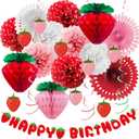 Strawberry Birthday Decorations Happy Birthday Banner berry first birthday decor Tissue Pom Poms Red Pink Fans Hanging Swirls honeycomb ball Party Supplies Strawberry Shortcake Party Decor