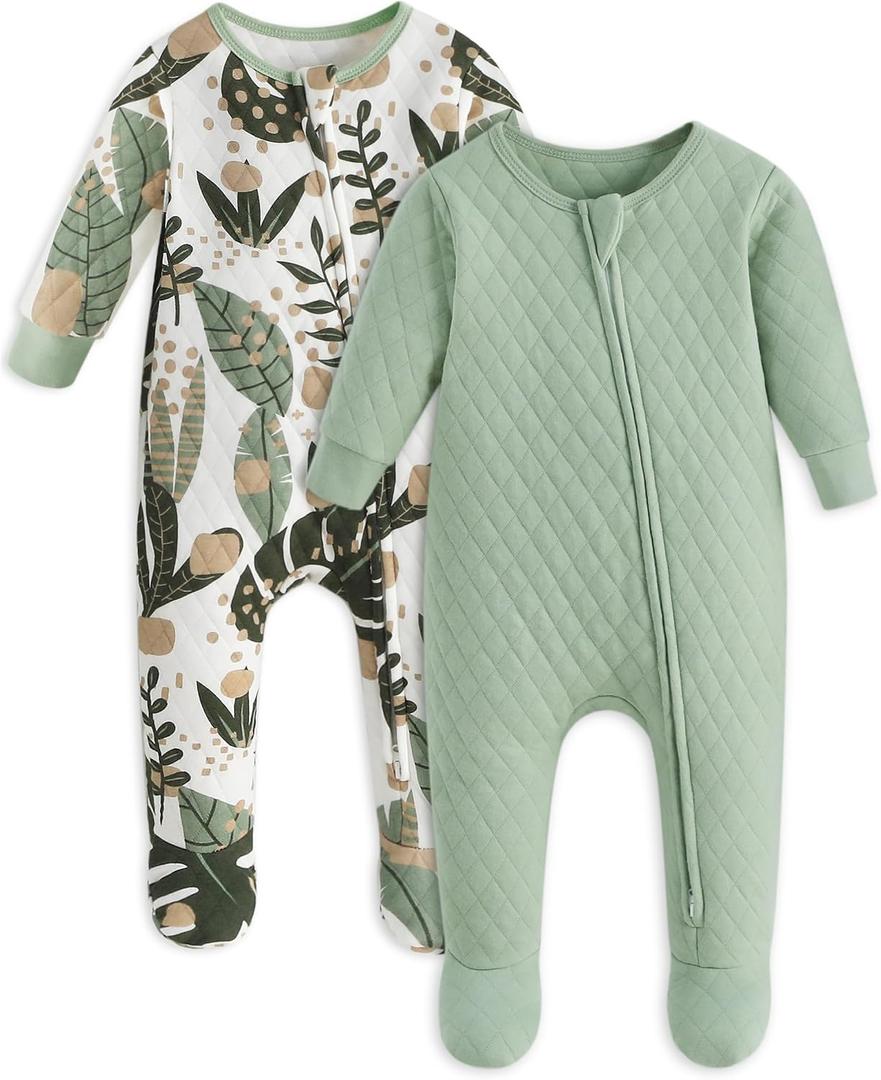 Yoofoss Baby Pajamas Organic Cotton Baby Winter Clothes Warm Newborn Sleepers, Quilted Footed Pjs (Banana&green Leaf), Size 0-3M