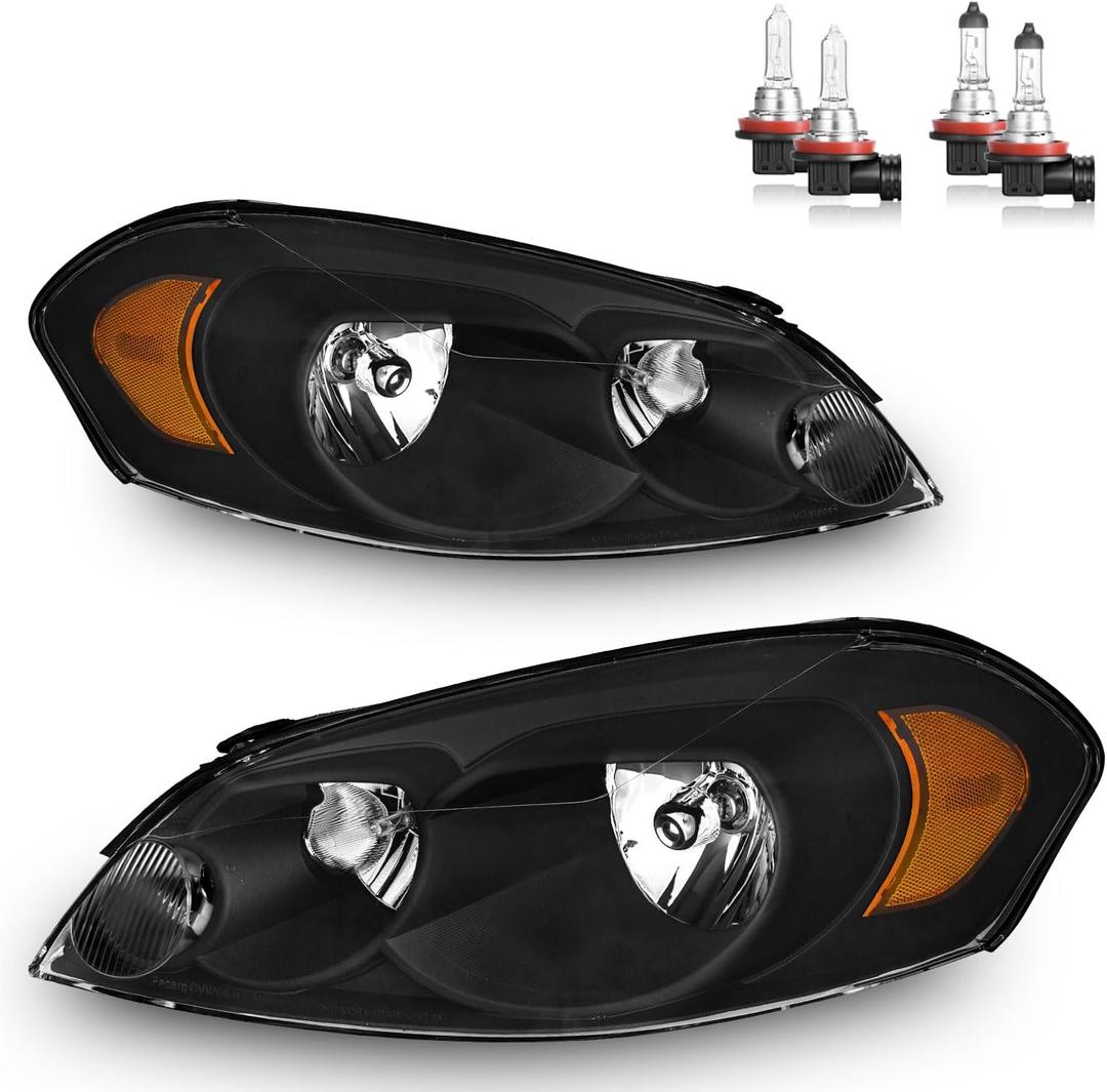 Headlights W/Bulbs for 2006-2013 Chevy Impala, 2006-2007 Chevy Monte Carlo, 2014-2016 Impala Limited Halogen Headlamp Replacement Driver & Passenger Side