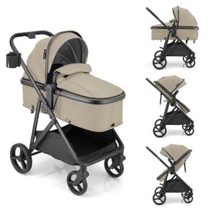 Gromast 3-in-1 Baby Stroller, Convertible Stroller for Newborn Infant Toddler with Reversible Seat, UPF 50+ Canopy & Cup Holder - Khaki