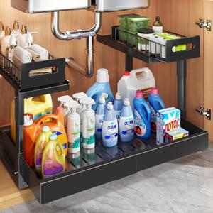 1 Pack Expandable Under Sink Organizers And Storage With Upgrade Ball-Bearing Slide Tracks,2-Tier Pull Out Under Cabinet Organizer Height Adjustable,Slide Out Under Sink Drawers-Black(Patent Pending)  15.3"-24.2"W