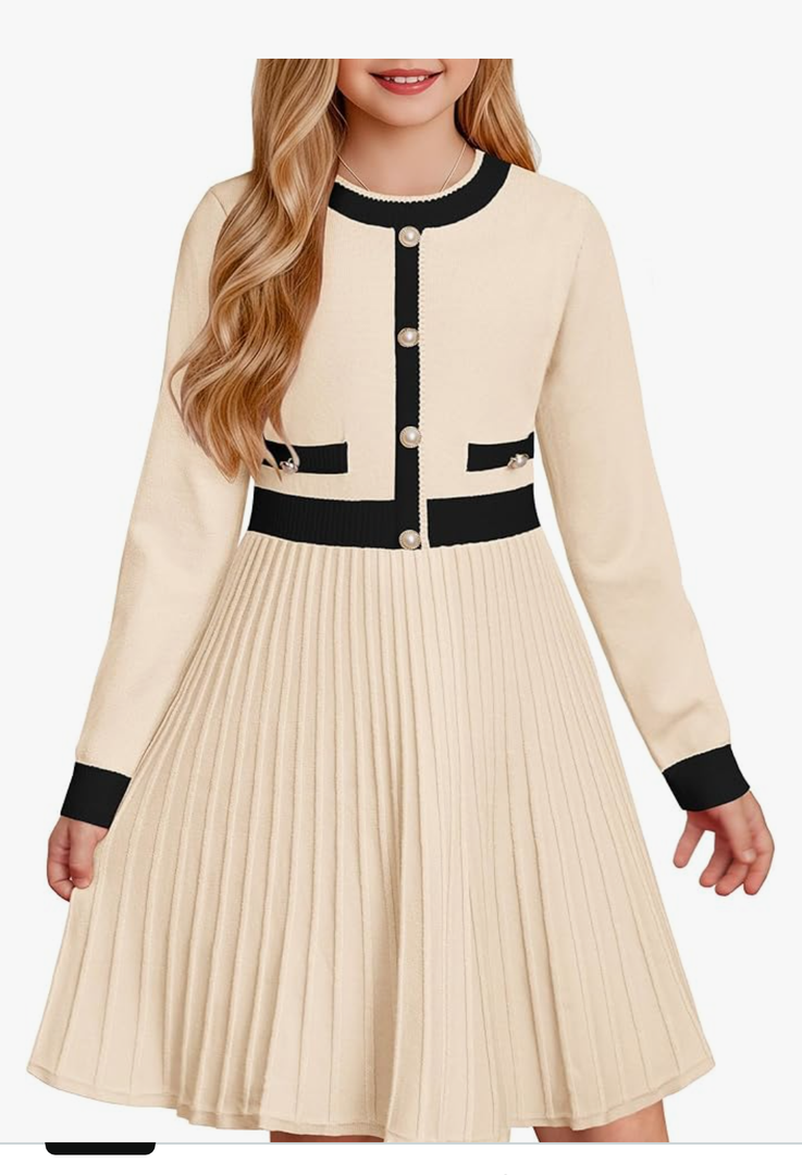 GRACE KARIN Girls Sweater Fall Dress Long Sleeve Knit A Line Contrast Casual Winter Dresses 6-14Y