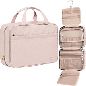 NISHEL Travel Toiletry Bag for women, Portable Hanging Organizer for Family-Sized Shampoo, Conditioner, Brushes Set, Makeup Accessories, Extra Large Size, Pink