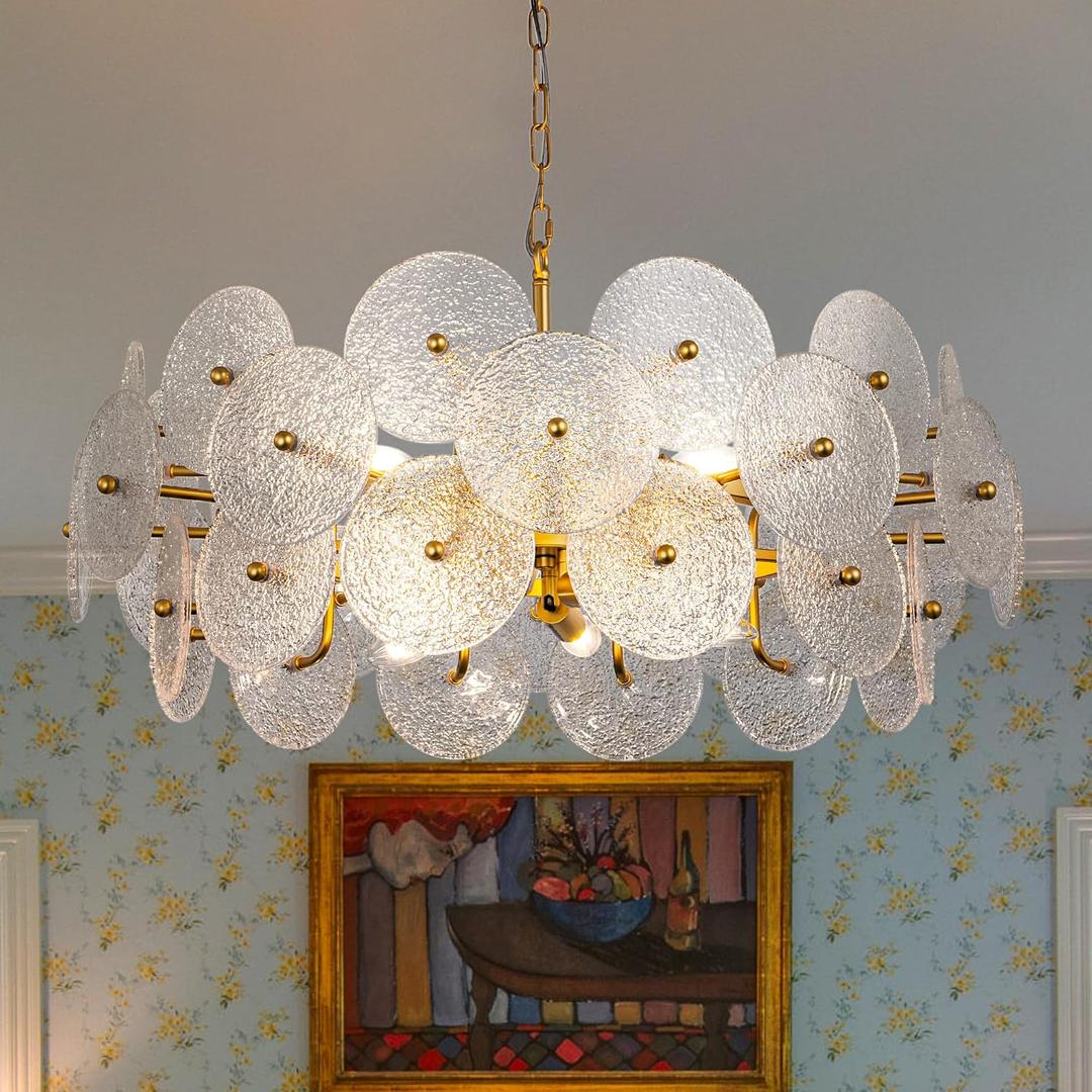 TOCHIC Modern Glass Chandelier 31.6", 10 Lights Large Farmhouse Chandelier Light Fixture for Dining Room, Luxury Gold Hanging Chandeliers with Seeded Glass for Bedroom Living Room Kitchen Kids Room