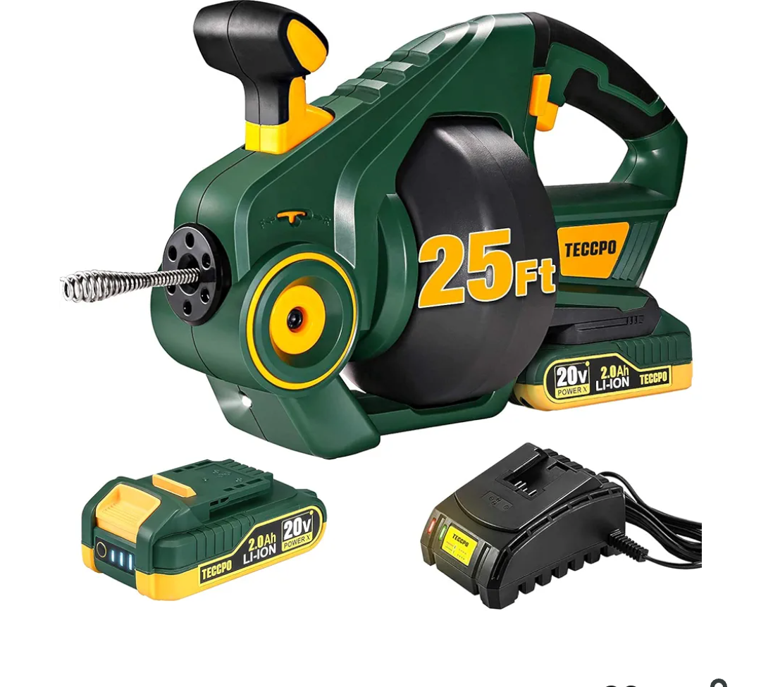 TECCPO Drain Auger, Automatic Plumbing Snake, 25Ft(7.6m), 20-Volt Li-Ion, Perfect Cordless Drain Clog Remover, Power Tool for 3/4" to 2" Pipes, Replaceable Flexible Shaft