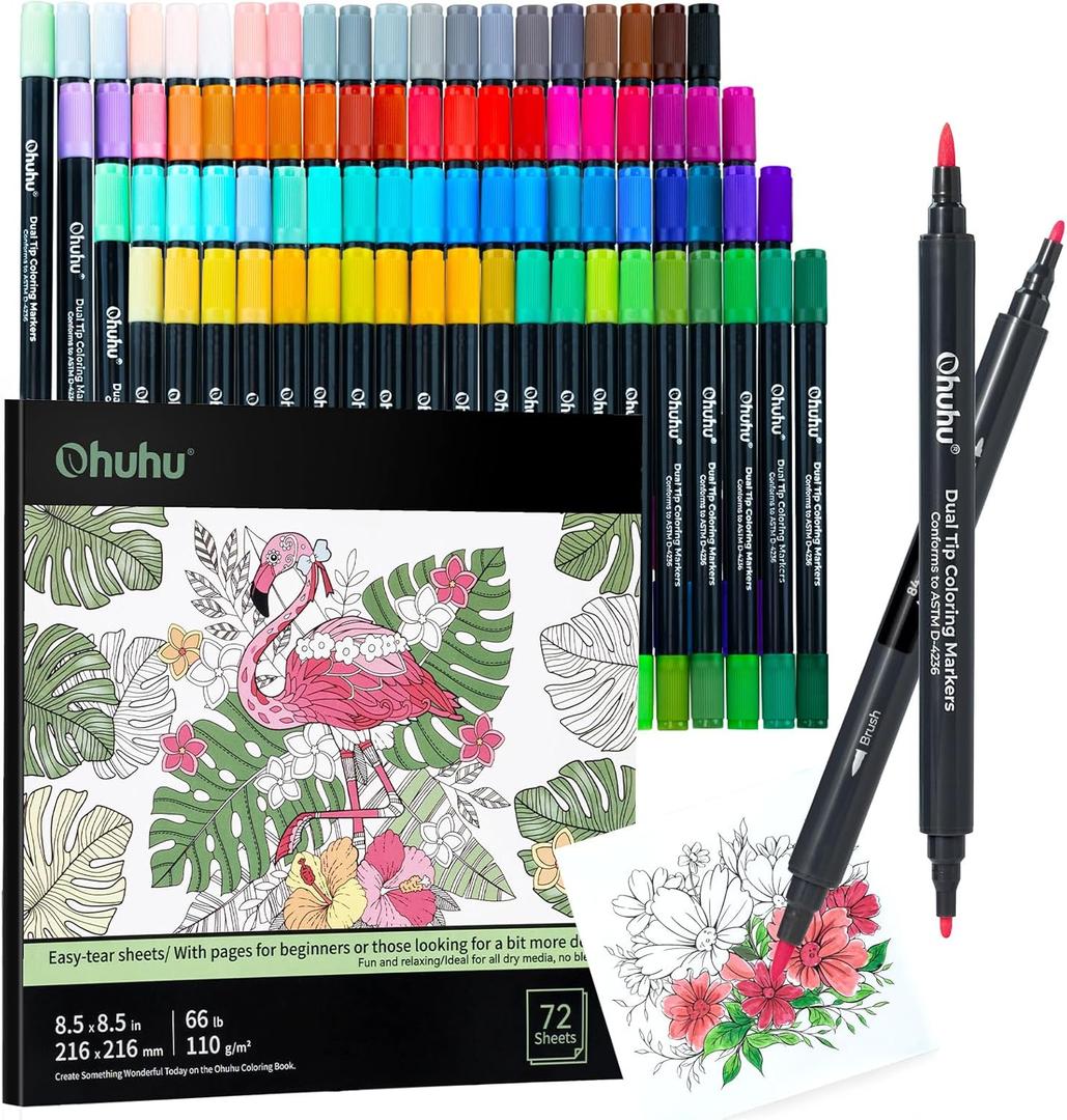 Ohuhu Markers Brush Tip 80-colors with 72-sheet Coloring Book - Double Tipped Markers for Adults Coloring Books - Art Marker Set Bundles with 100% Bleed-proof Pages - Fine & Brush Dual Tips