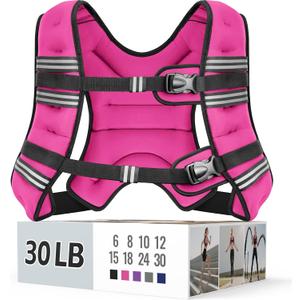Zeerun Weighted Vest for Men Women, Reflective Stripe Adjustable Buckle, Comfortable Durable Rucking Vest for Walking Running Strength Training, 30LBS-Pink
