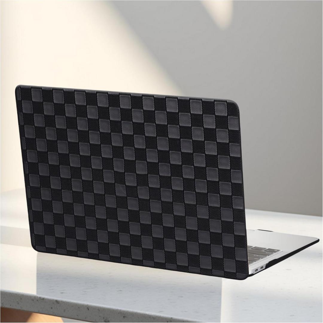 Checkered Print Compatible with MacBook Air 13 inch Case M1 2022-2018 A2337 A2179 A1932,Checker Textured Cream Leather Hard Shell Case&Keyboard Cover for Mac Air 13 Laptop, Checkered Black