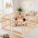 Foldable Wooden Playpen - Adjustable Wood Baby Play Yard with Door, Indoor Large Safety Fence for Babies and Toddlers - Easy Assembly, 55 x 55 x 24 inches, Nature Nest