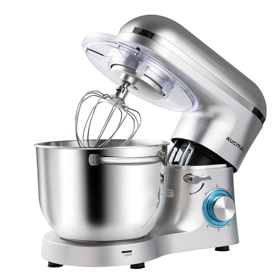 Aucma Stand Mixer,6.5-QT 660W 6-Speed Tilt-Head Food Mixer, Kitchen Electric Mixer with Dough Hook, Wire Whip & Beater (Silver, 6.5QT)