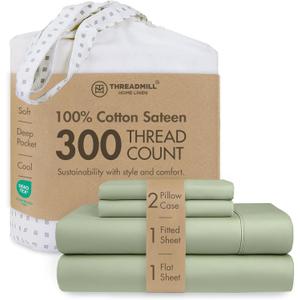 Threadmill Cotton Queen Sheet Set | 100% Cotton Sheets for Queen Size Bed | Solid Sateen Queen Bed Sheets Set with 16 Deep Pocket | Soft Breathable 4-Piece Cooling Bedding Sheet Set | Sage Green