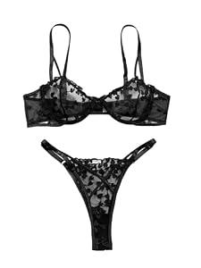 Lilosy Sexy Cute Underwire Push Up Strappy Heart Embroidered Mesh Sheer Lingerie Set for Women Bachelorette See Through Bra and Panty 2 Piece Black Medium