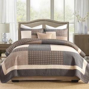 Finlonte 100% Cotton King Size Quilt, King Comforter with Pillow Shams, Farmhouse Plaid Quilted Bedspread, Lightweight Soft Quilt Bedding Set, Brown/Beige/Gray (King (98"x106"))